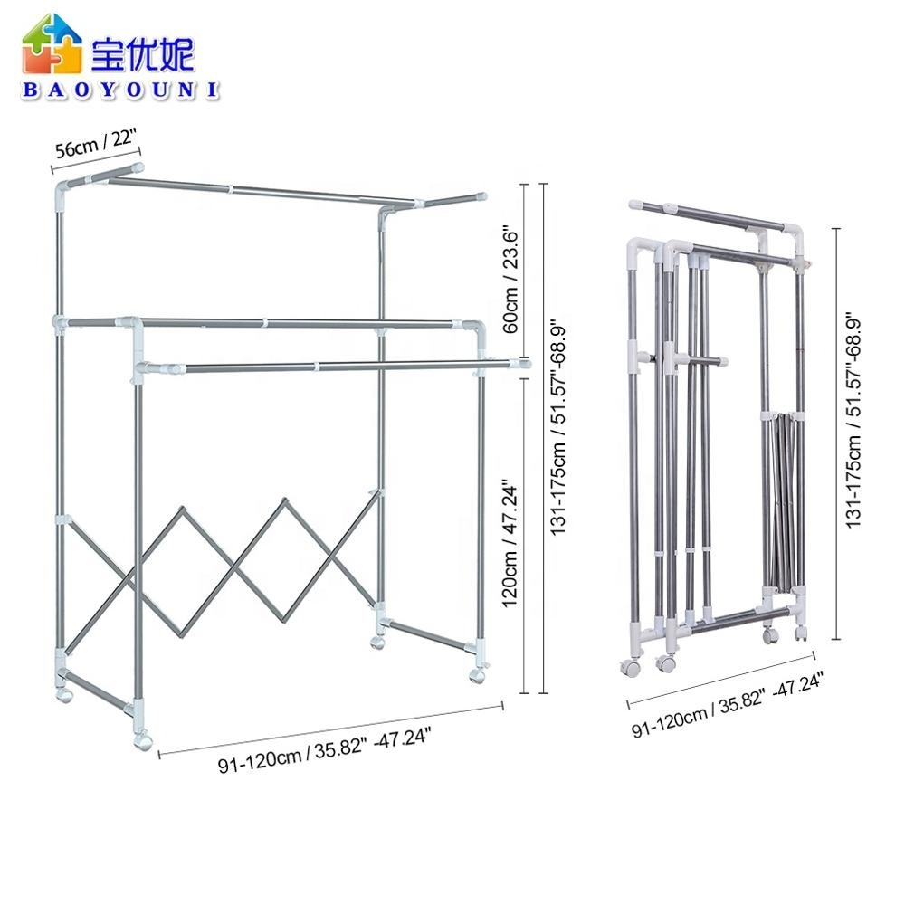 Outdoor Large Capacity Folding Width Telescopic Quilt Clothes Hanging Drying Rack Movable Adjust Garment Rolling Laundry Racks