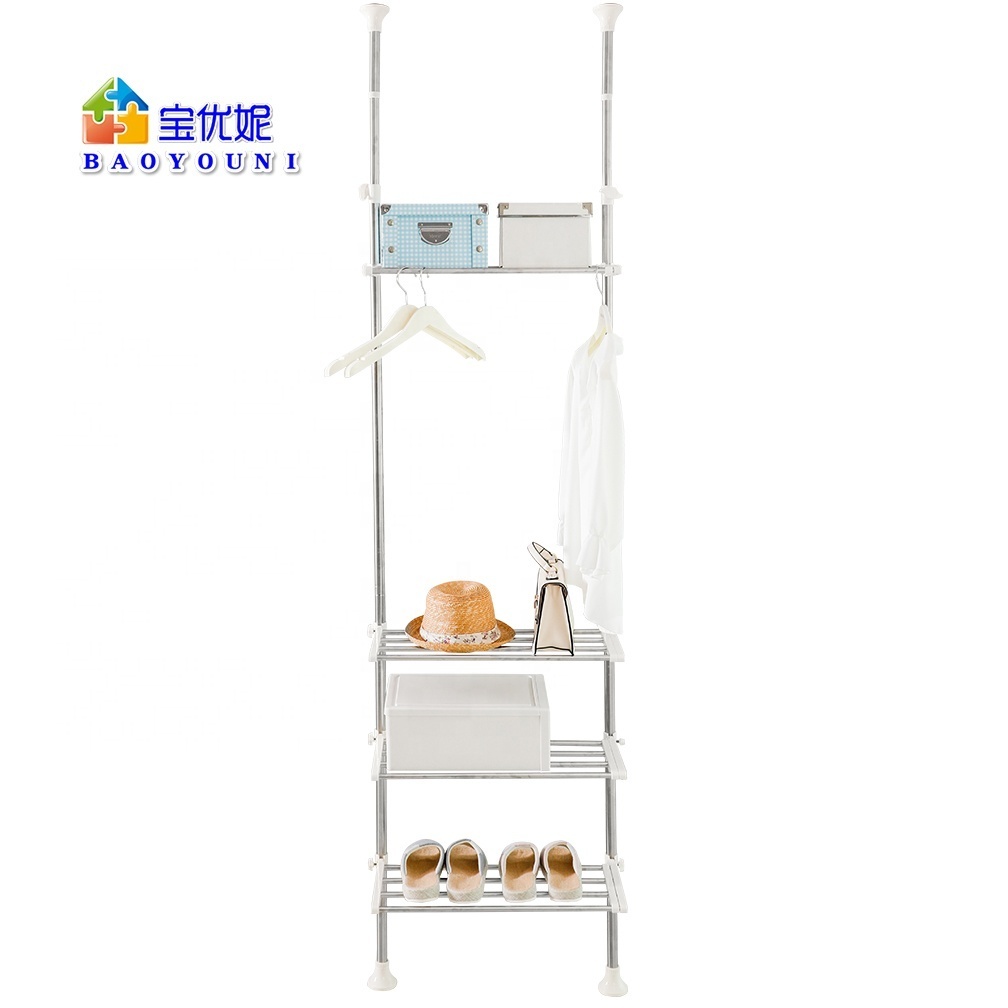 BAOYOUNI Ceiling Mounted 4-Tier Telescopic Clothes Storage Shelf Garment Organizer Adjustable Pole Stand Rack Easy Assemble