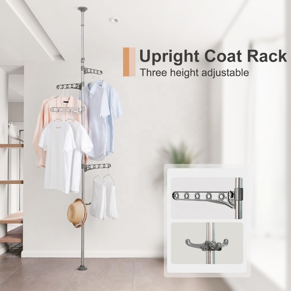 BAOYOUNI Vertical Standing Clothes Rack with 4 hanger 1 hat hook Adjustable Corner Garment Storage Shelf Tension Laundry Rack