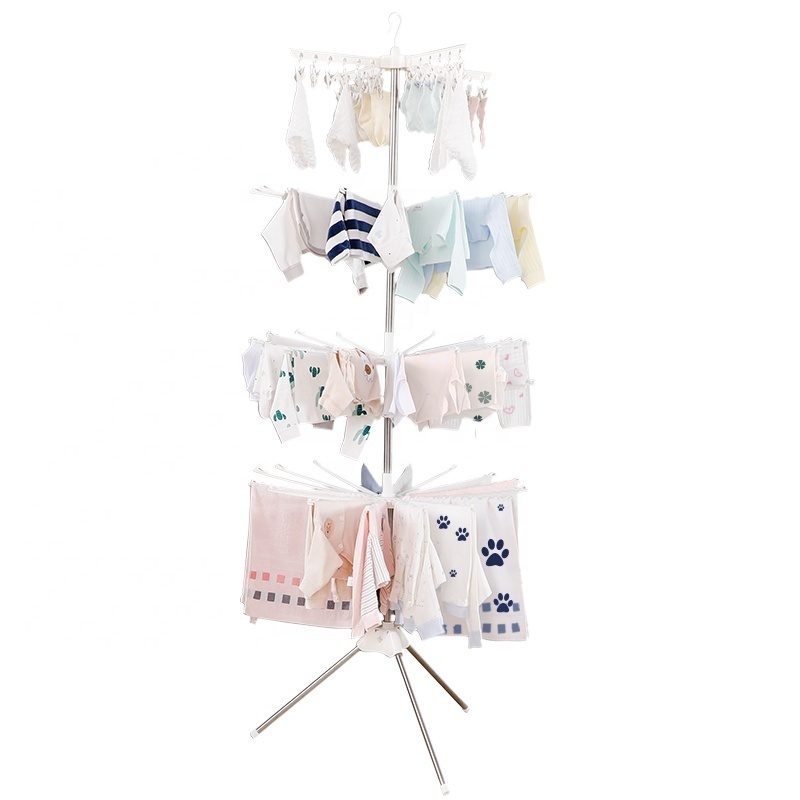 BAOYOUNI 4 Tier Folding Baby Clothes Laundry Rack Collapsible Tripod Towel Stand Socks Underwear Drying Shelf with Clothespin