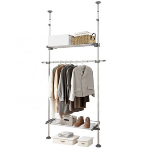 BAOYOUNI Floor To Ceiling Adjustable Closet Shelf Telescopic Closet Organizer with 2 Storage Baskets 1 Tension Clothes Rail