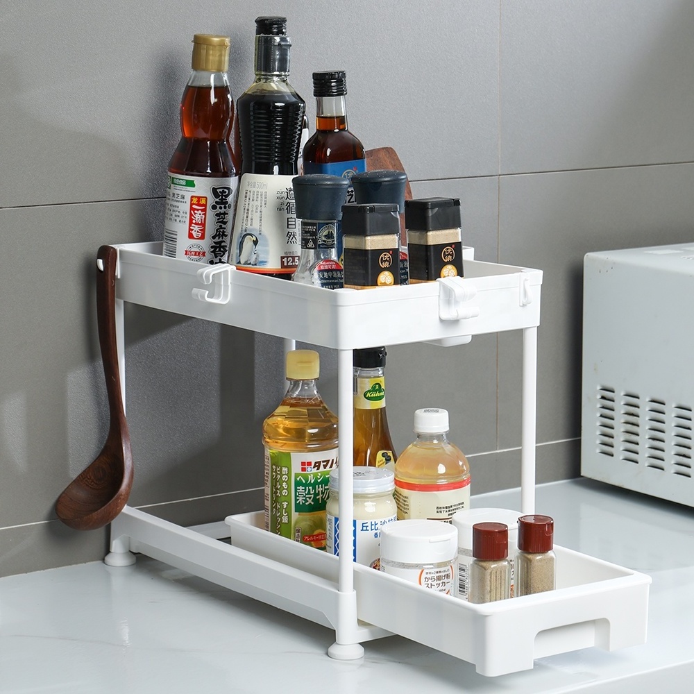 BAOYOUNI 2 Tier Plastic Pull Out Cabinet Basket Sliding Shelf Under Sink Storage Organizer Drawer with Hook for Kitchen Bathroom