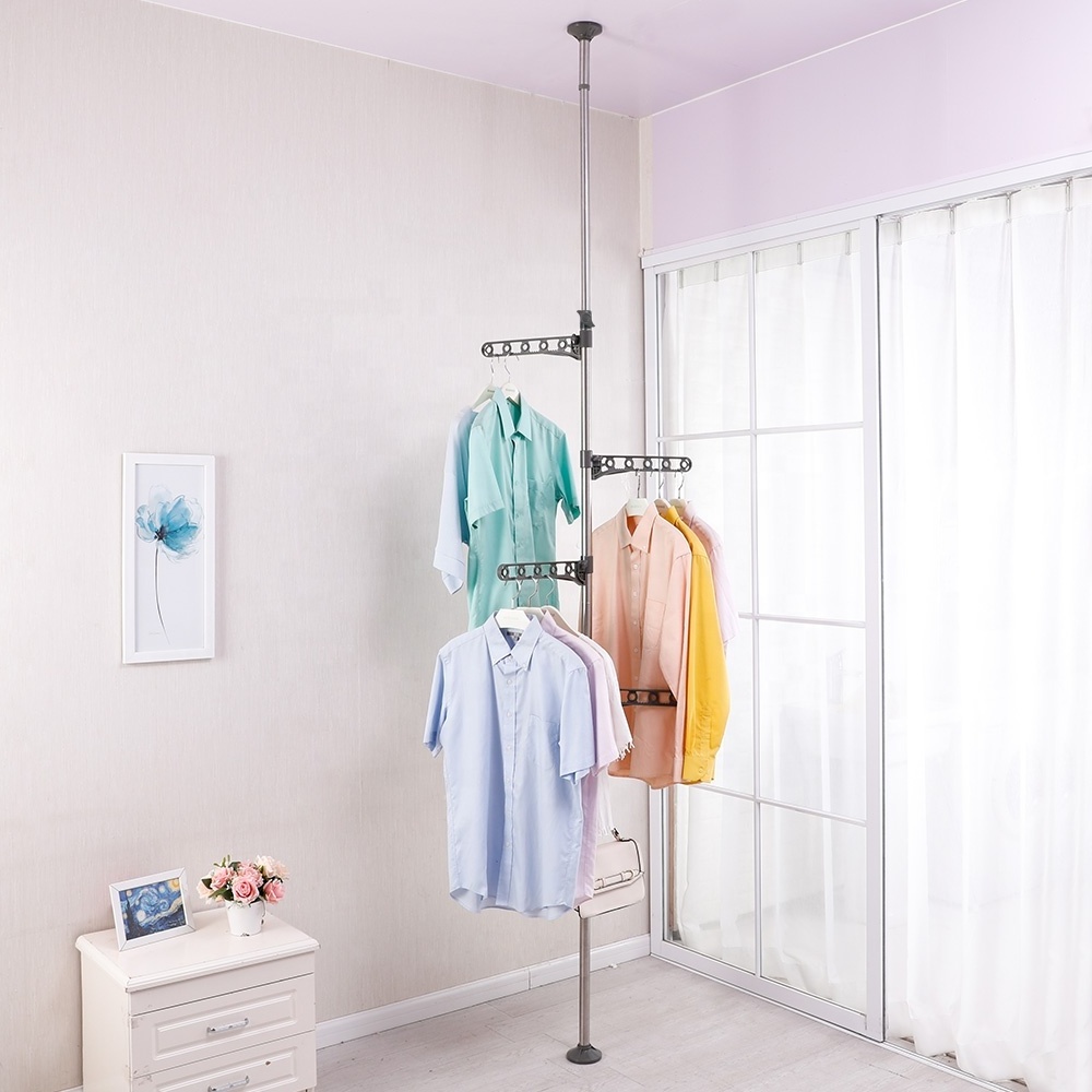 BAOYOUNI 5 Layer Stainless Steel Telescopic Clothes Hanging Rack Spring Mounted Garment Laundry Stand Tension Coat Corner Racks