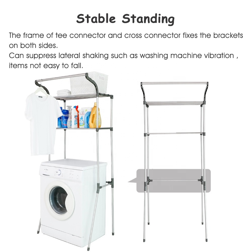 BAOYOUNI 2 Tier Stainless Steel Storage Washing Machine Stand Bathroom Space Saver Organizer Rack Shelf with Hanging Rod