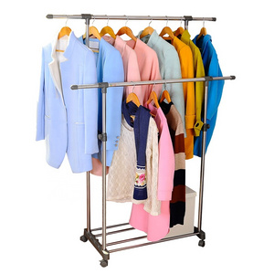 BAOYOUNI Double Rod Stainless Steel Garment Display Racks Adjustable Clothes Stand Rack with Movable Wheels