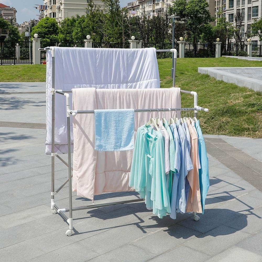 Outdoor Large Capacity Folding Width Telescopic Quilt Clothes Hanging Drying Rack Movable Adjust Garment Rolling Laundry Racks