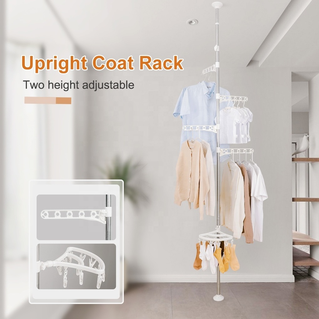 BAOYOUNI 5 Layer Tension Rod Clothes Drying Rack Corner Laundry Hanging Rail Stand Coat Hanger Shelf No Drill Easy Assemble