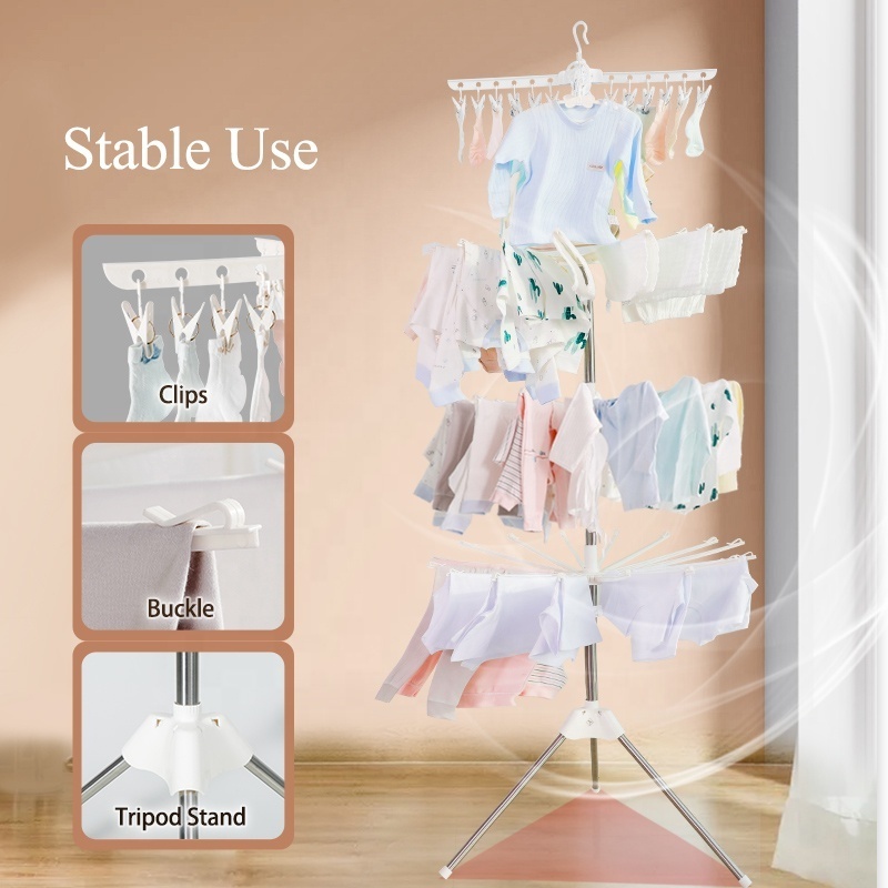 BAOYOUNI 4 Tier Folding Baby Clothes Laundry Rack Collapsible Tripod Towel Stand Socks Underwear Drying Shelf with Clothespin