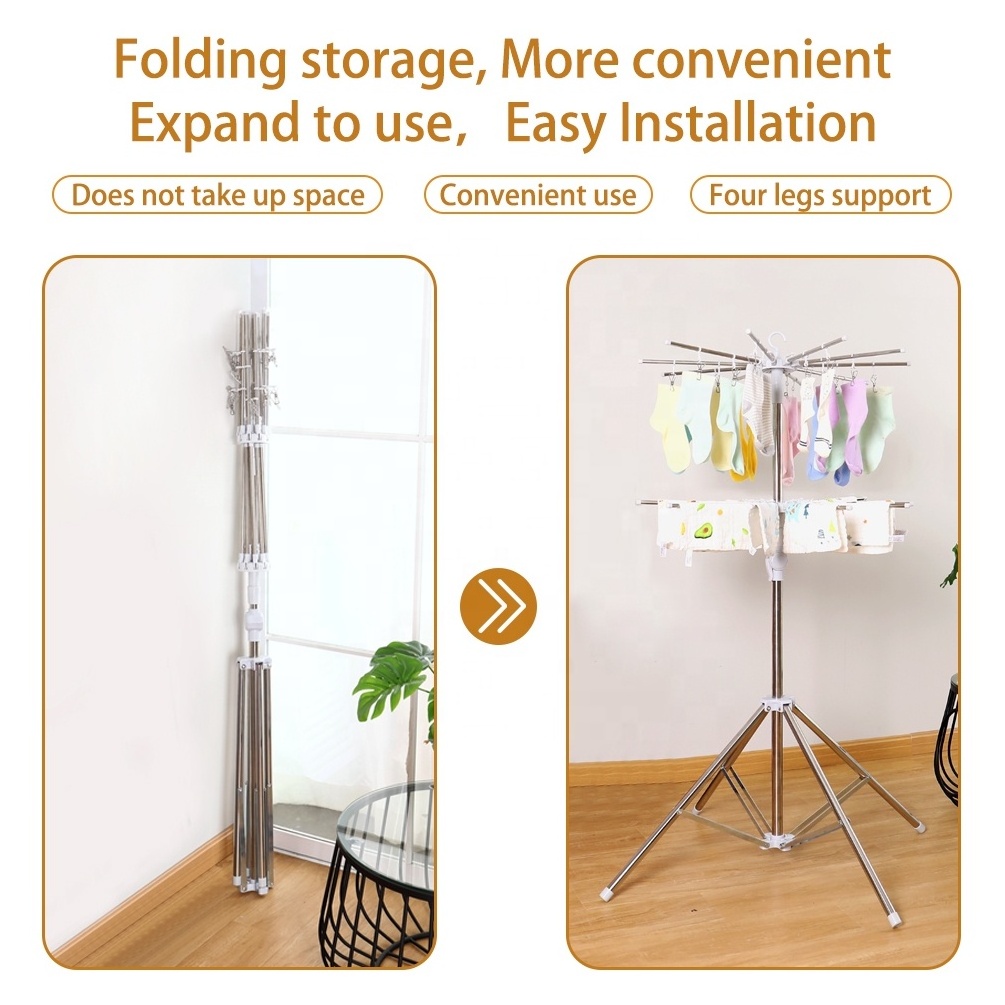 BAOYOUNI 2 Layers Folding Laundry Rack Quadripod Clothes Dryer Stand Adjustable 63.89Inch High Air-Drying Rack with 20pcs Arms