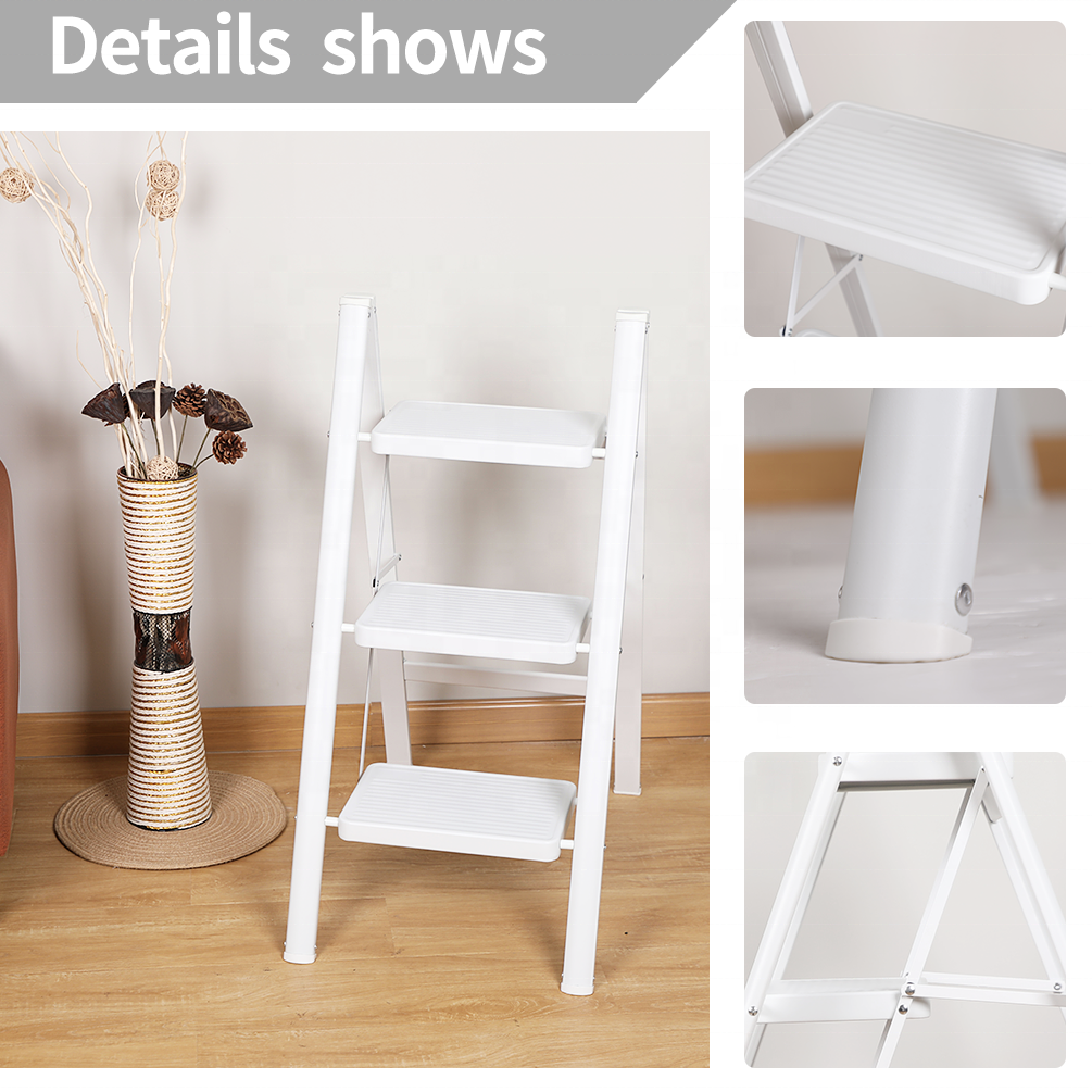 BAOYOUNI White 3 Steps Folding Ladder Anti-Slip Iron Household Stool Ladder with Wide Pedal for Roof Car Office Cleaning