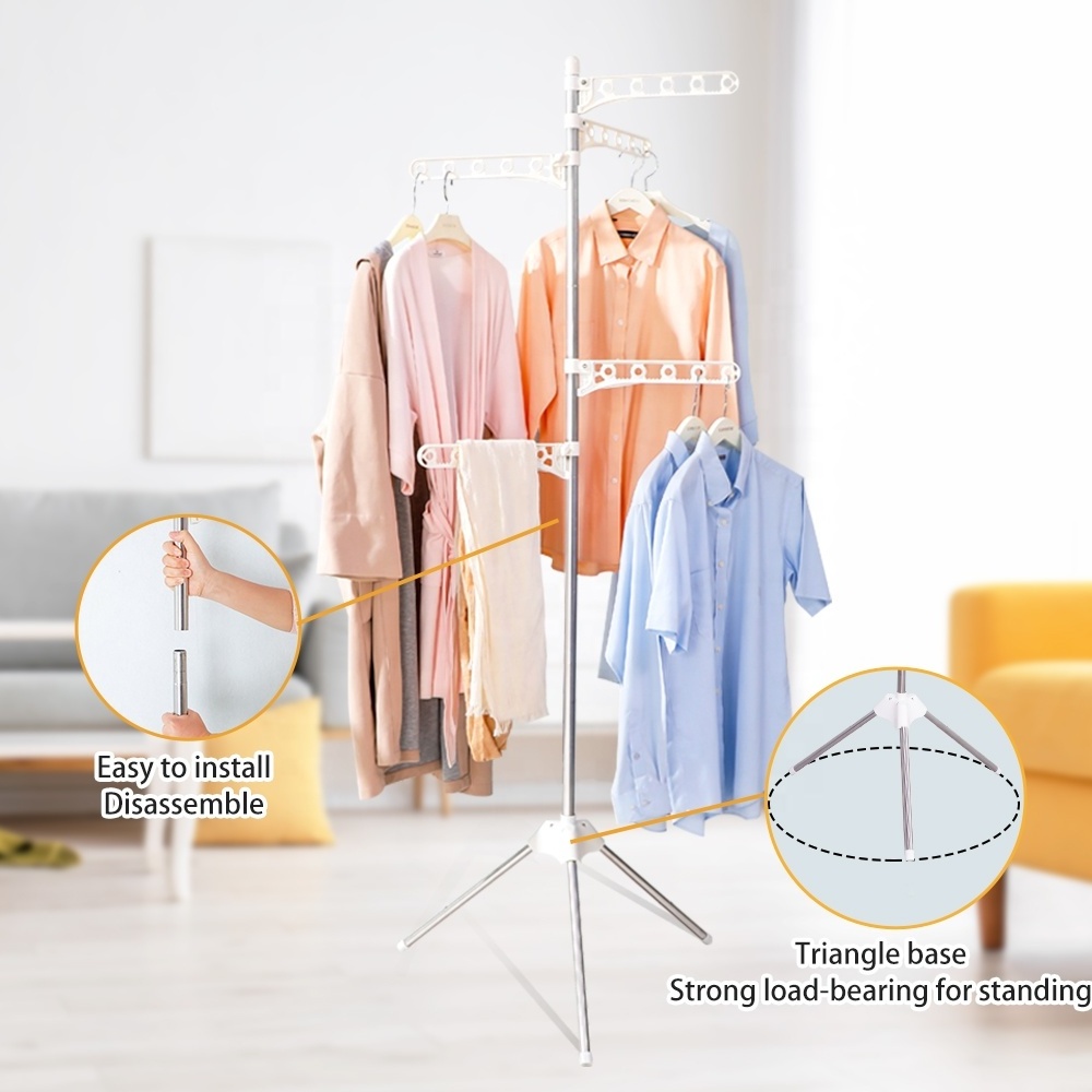 BAOYOUNI Factory Indoor Tripod Standing Laundry Drying Rack Collapsible Coat Hat Hanging Rack with Adjustable Clothes Hanger