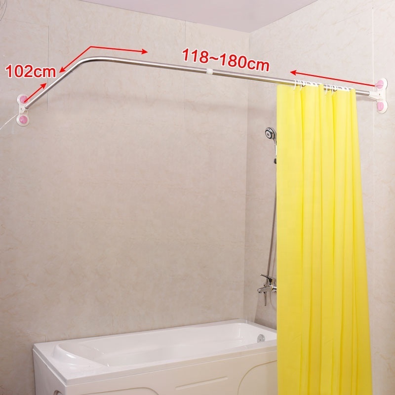 BAOYOUNI L-Shaped Telescopic Shower Curtain Rod Stainless Steel Adjustable Shower Rail Suction Cup Bathtub Bar Without Drilling