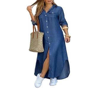 Denim Long Dresses Button Cardigan Stand Neck Long Sleeves Women's Elegant Long Dresses