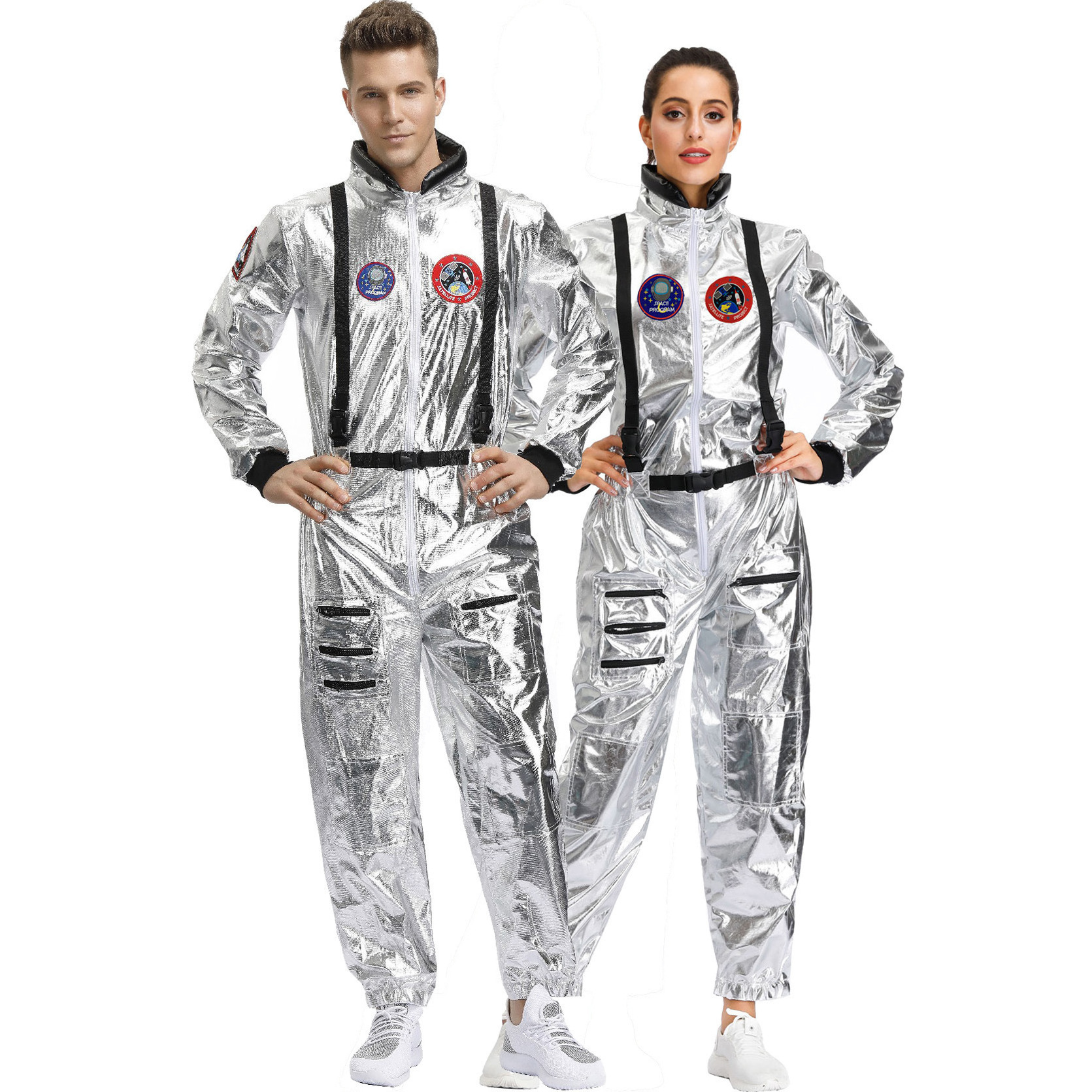 Women Halloween Astronaut Costume Cosplay Jumpsuit Lady Outer Space Cosplay Costume Sliver Adult Children Unisex Sexy Costumes