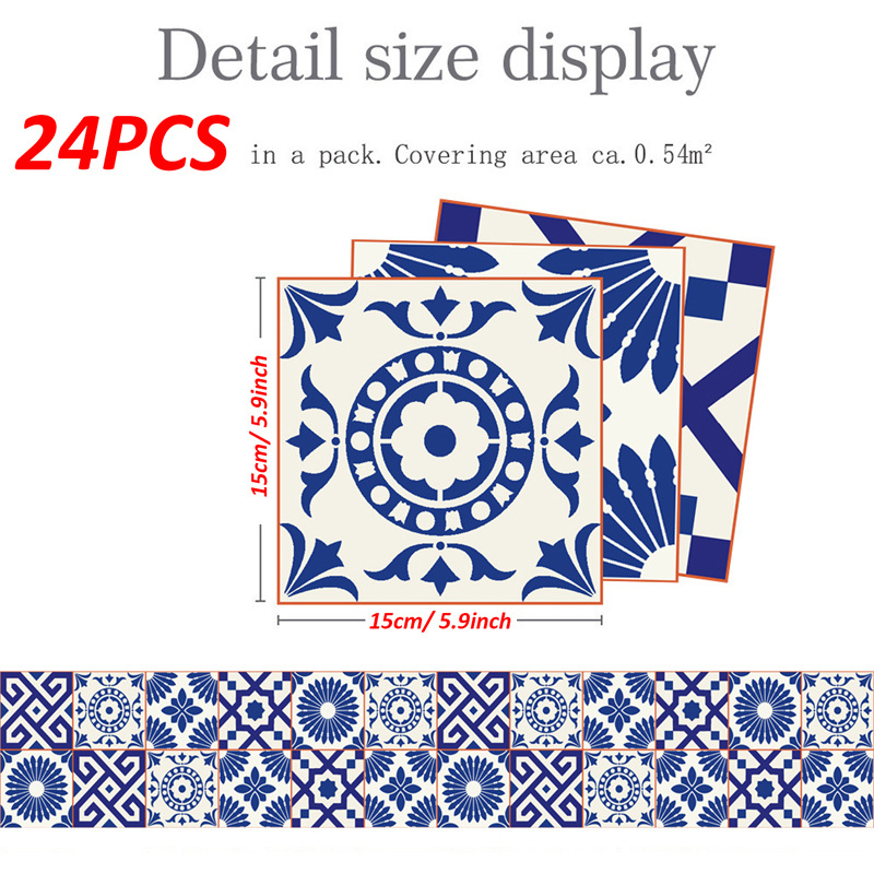 24 PCS/Pack Blue Bohemian Wall Stickers Removable Tile Decal Waterproof Living Room Kitchen Bathroom Home Wall Stickers