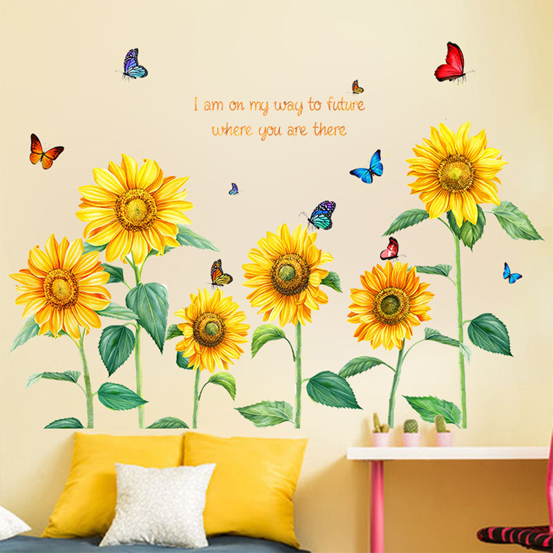 Butterfly Sunflower kids Cute Home Background Wall Sticker Removable Waterproof Wall Sticker Family Wall Decoration Gift