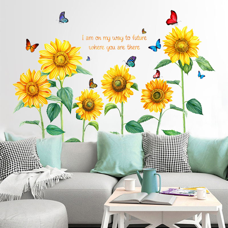 Butterfly Sunflower kids Cute Home Background Wall Sticker Removable Waterproof Wall Sticker Family Wall Decoration Gift