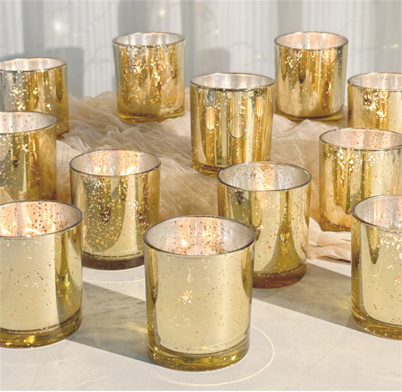 New Arrivals 8oz Plated Mercury Gold Glass Votive Candle Vessels in bulk