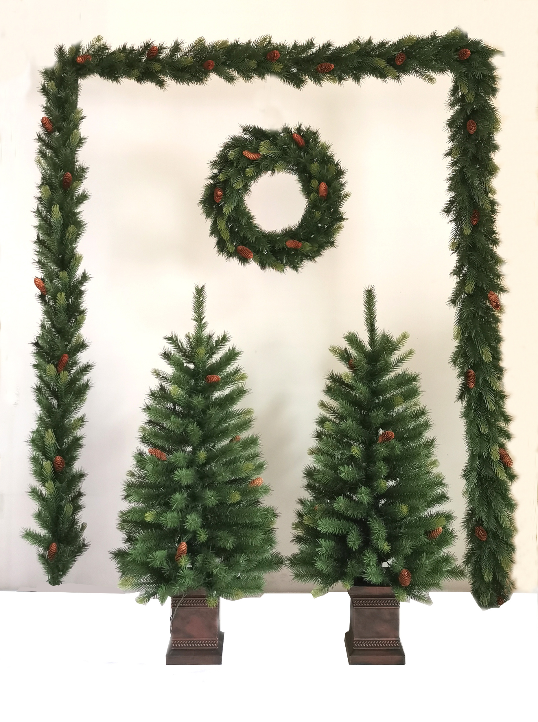 Christmas Decoration Set 5, Pre-lit Artificial Christmas Tree x2, Garlandx2, Wreathx1, In/outdoor Entryway Holiday Decor