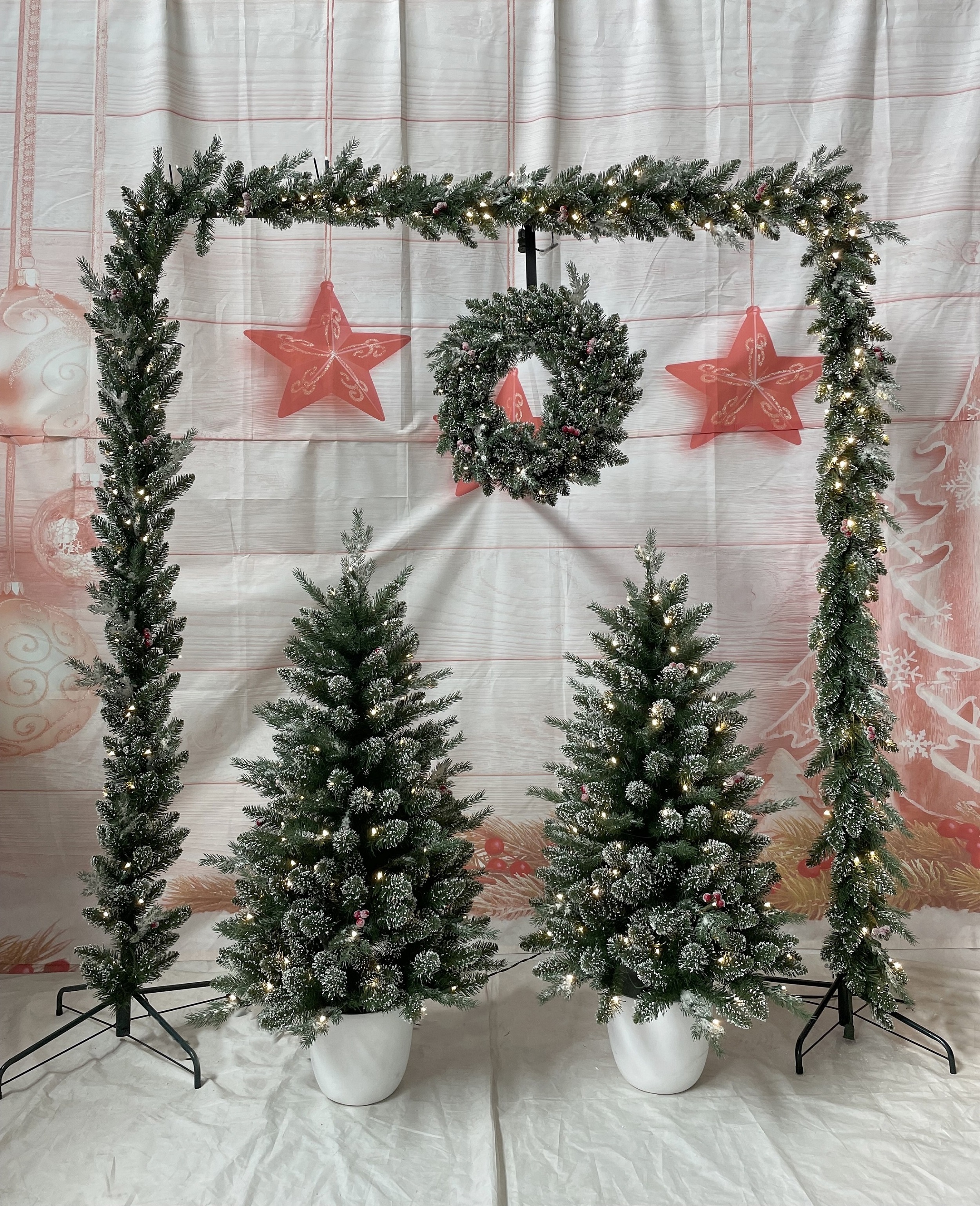 Christmas Decoration Set 5, Pre-lit Artificial Christmas Tree x2, Garlandx2, Wreathx1, In/outdoor Entryway Holiday Decor