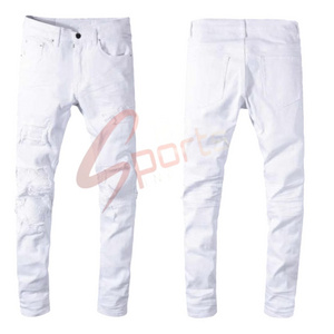 European High Street Male  Jeans Motorcycle Pant White Distressed Ripped Jeans Men Cloth Brand Letter Stretch Jeans