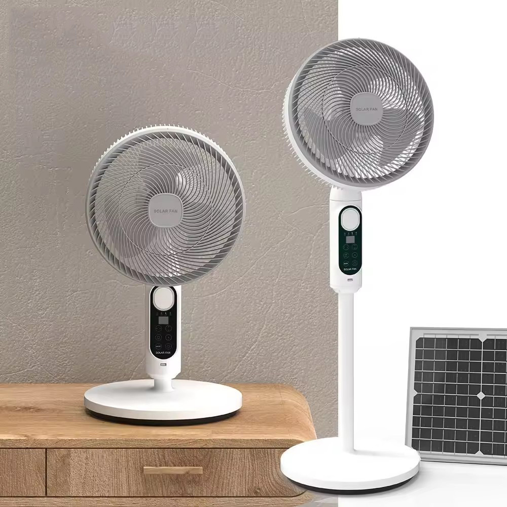 Power Dream 10V Ac/Dc Solar Panel Electric Energy Rechargeable Fan With Battery And Led Light Stand Floor Fan For Emergency