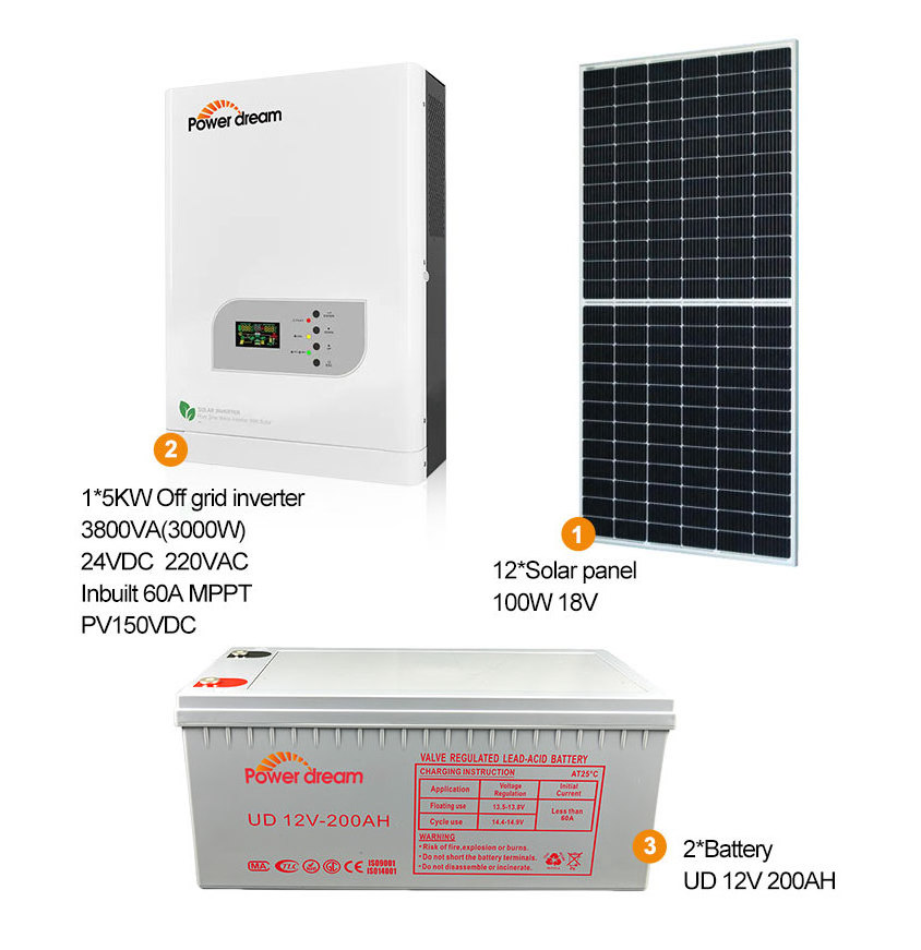 Power Dream Solar Kit Solar Inverter Hybrid 3Kw With Lifepo4 200Ah Battery Power Wall For Home Solar Power System