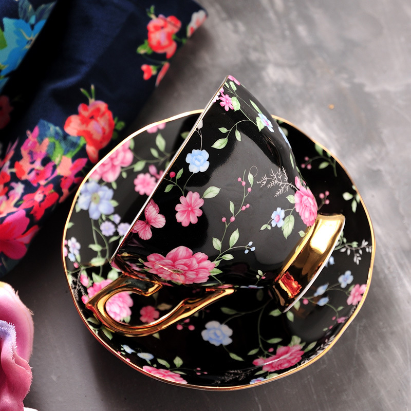 Wholesale luxury cup saucer with flower Royal Custom Printed Flower Tea Set Fine Bone China Ceramic Tea Cups And Saucers Set