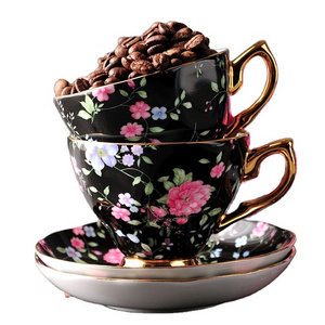 Wholesale luxury cup saucer with flower Royal Custom Printed Flower Tea Set Fine Bone China Ceramic Tea Cups And Saucers Set