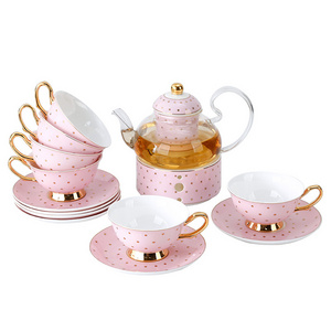 British Modern Pink Wave Point Cup Saucer New Bone China Tea Set With Glass Teapot