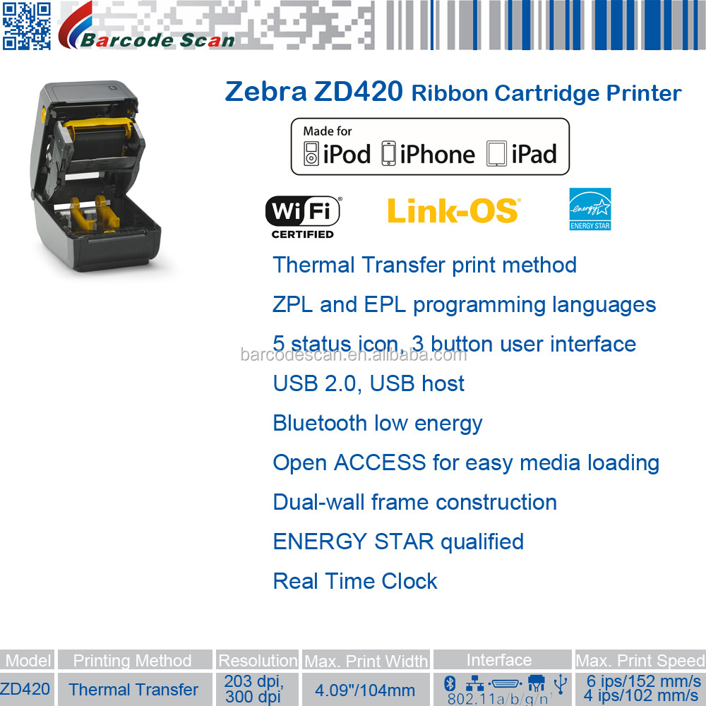 4 inch Zebra ZD420 Wi-fi Wireless Ribbon Cartridge Desktop Thermal Printer