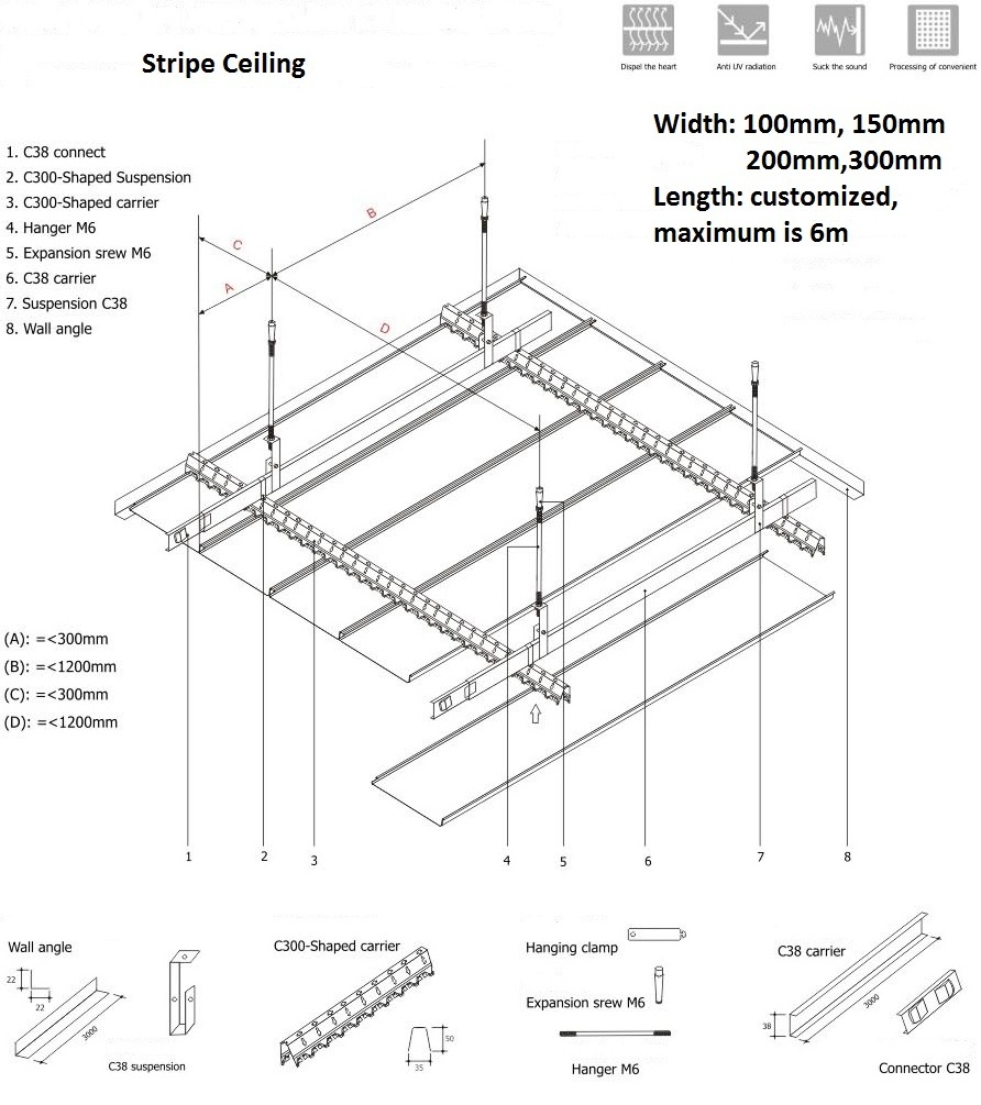 Railway station aluminium stretch ceiling strips white c-shaped aluminum strip drop ceiling