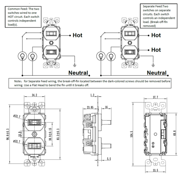 15A 120V Duplex Style Single Pole Double Toggle Switch US wall switch