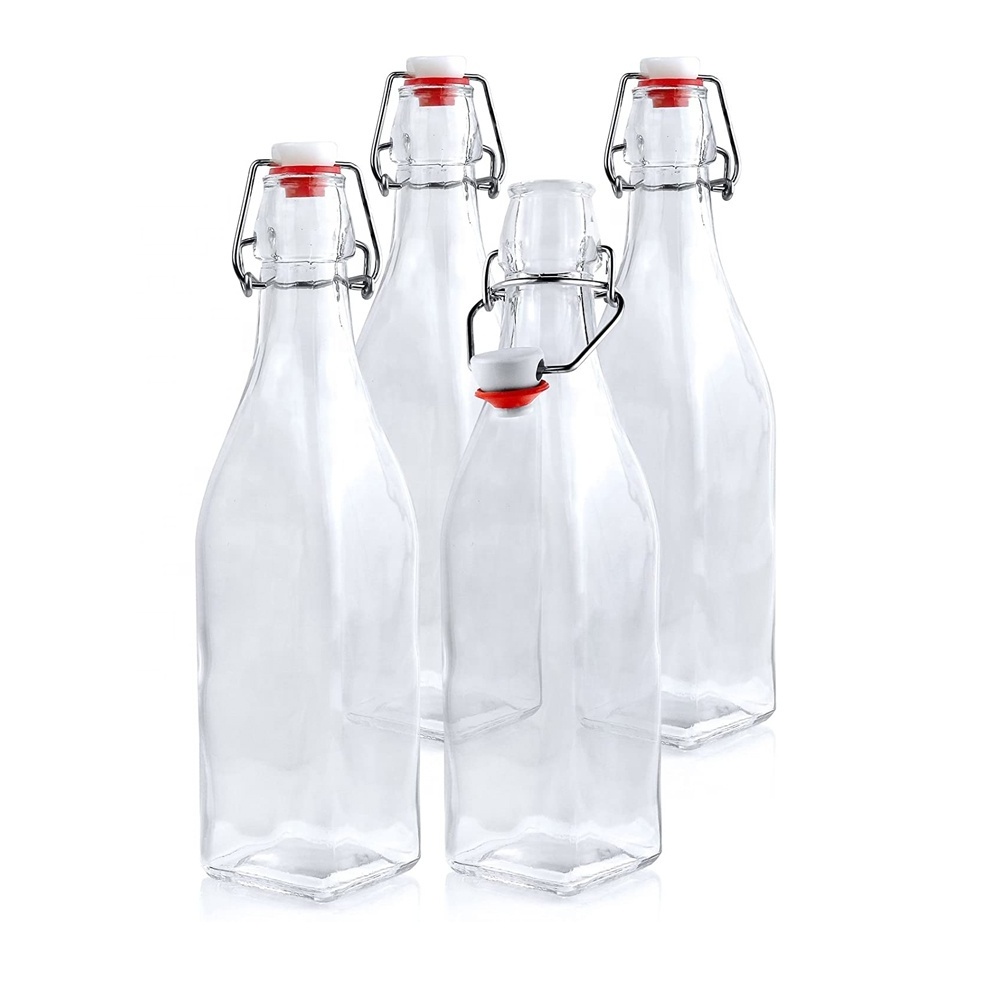 Manufacturer in stock square 16oz glass swing top bottles wholesale 16oz juice glass bottles with lids