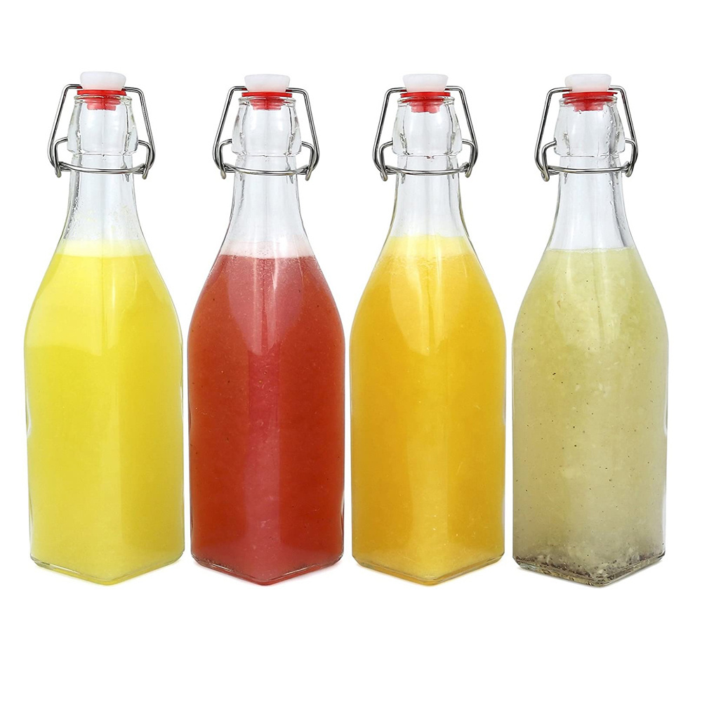 Manufacturer in stock square 16oz glass swing top bottles wholesale 16oz juice glass bottles with lids