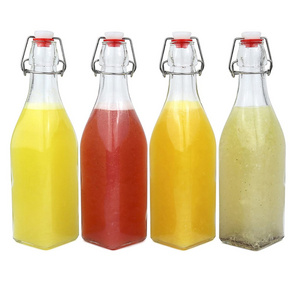 Manufacturer in stock square 16oz glass swing top bottles wholesale 16oz juice glass bottles with lids