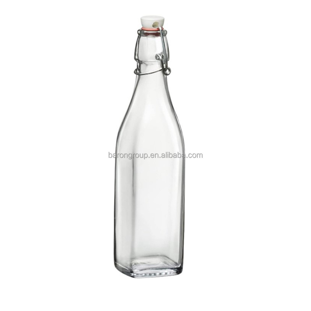 Manufacturer in stock square 16oz glass swing top bottles wholesale 16oz juice glass bottles with lids