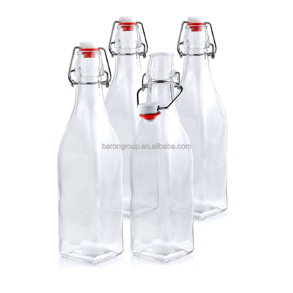 Manufacturer in stock square 16oz glass swing top bottles wholesale 16oz juice glass bottles with lids