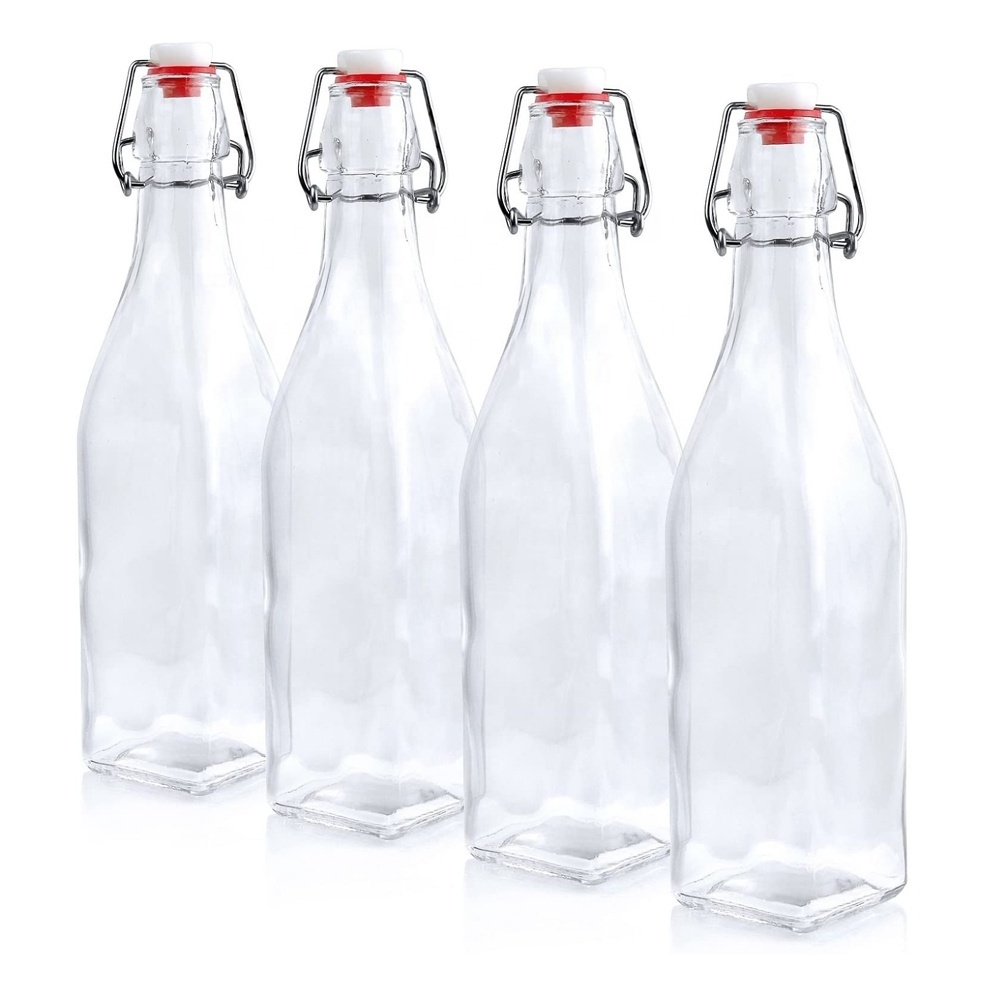 Manufacturer in stock square 16oz glass swing top bottles wholesale 16oz juice glass bottles with lids