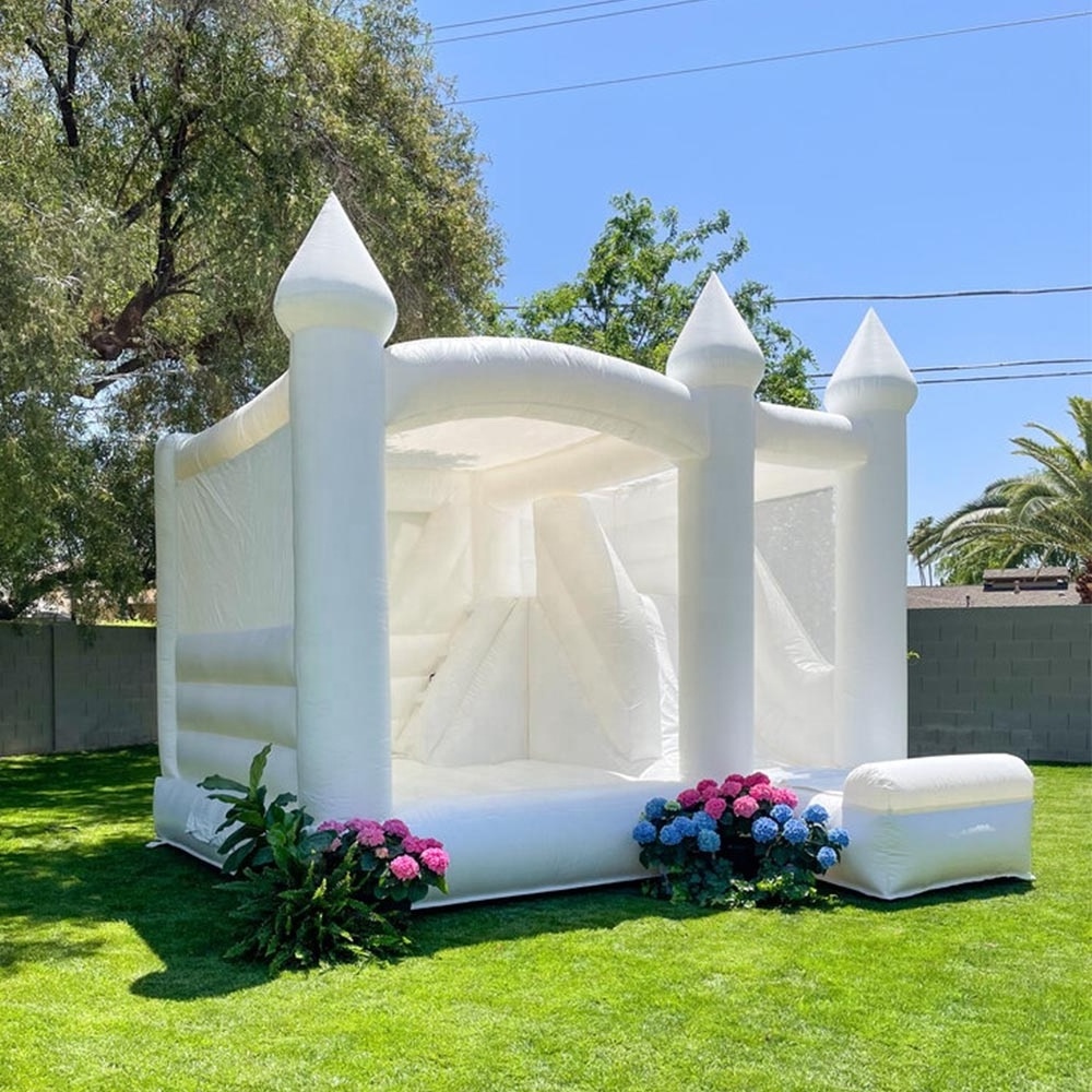 White bounce house 13x13 slide castle with slide moon bounce wedding bouncy castle with other wedding decorations for sale