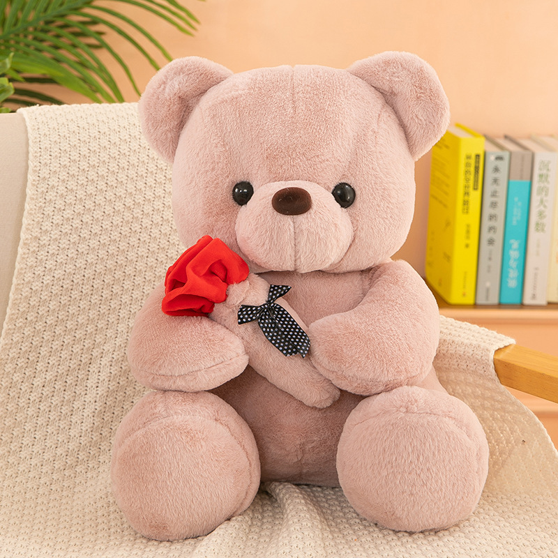 Romantic Cute Hug Rose Flower White Grey Brown Pink Stuffed Plush Teddy Bear Toys Valentines Gifts