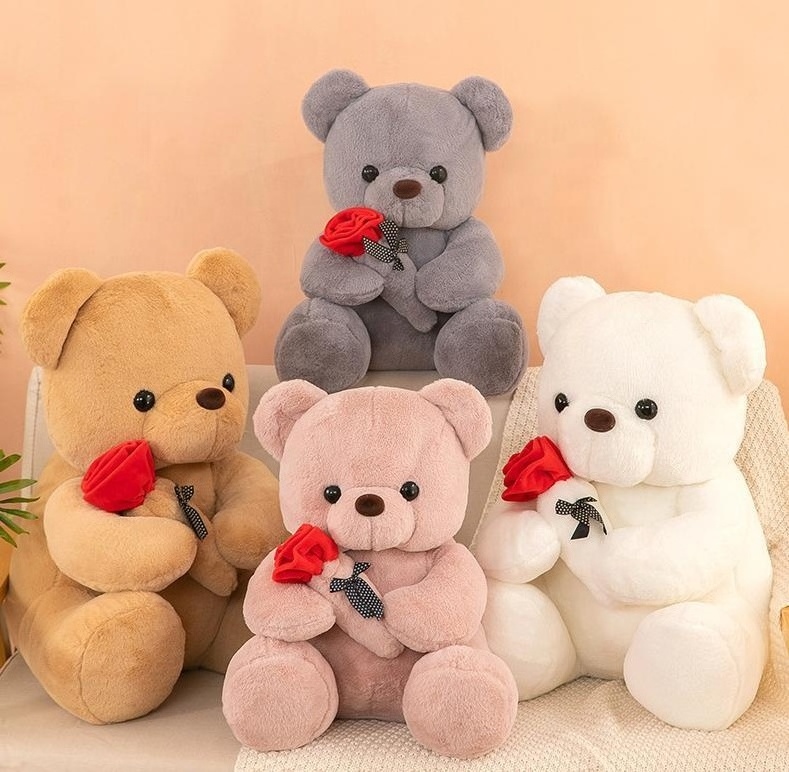 Romantic Cute Hug Rose Flower White Grey Brown Pink Stuffed Plush Teddy Bear Toys Valentines Gifts