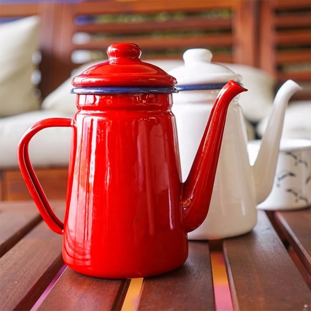 1.1L Custom color outdoor camping campfire metal enamel coffee tea pot with enamel coating