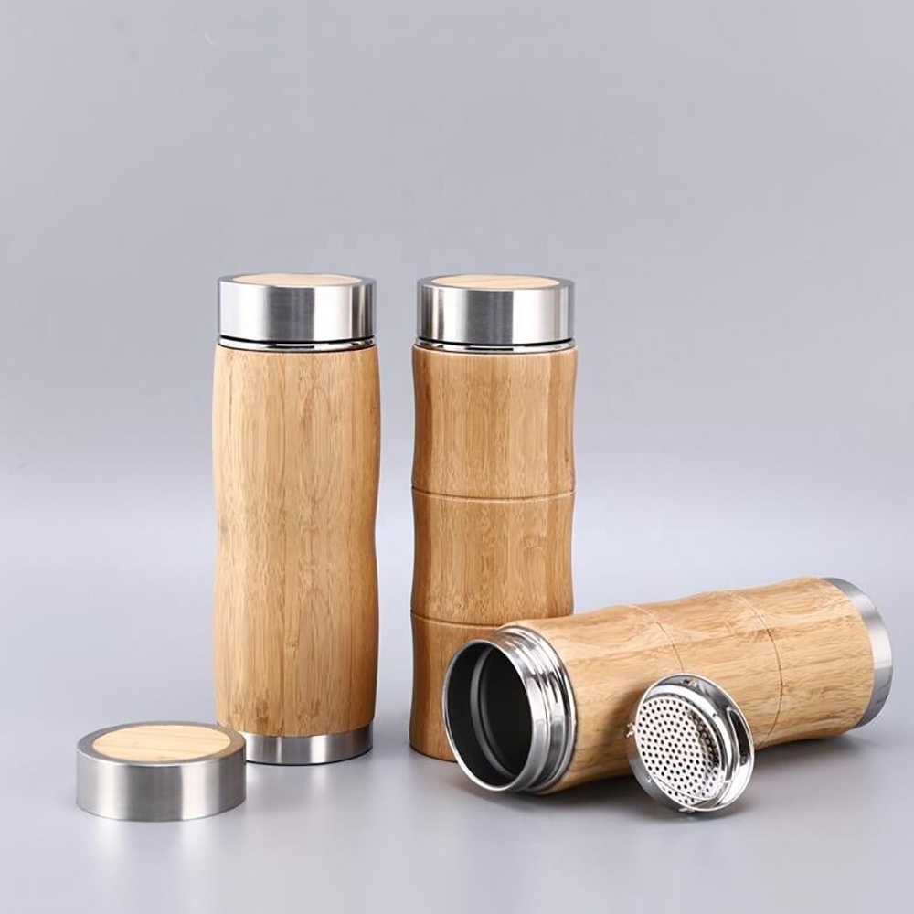 420ML Double Walled Stainless Steel 18/8 Bamboo Cover Vacuum Insulated Travel Thermos Water Bottle with Tea Infuser