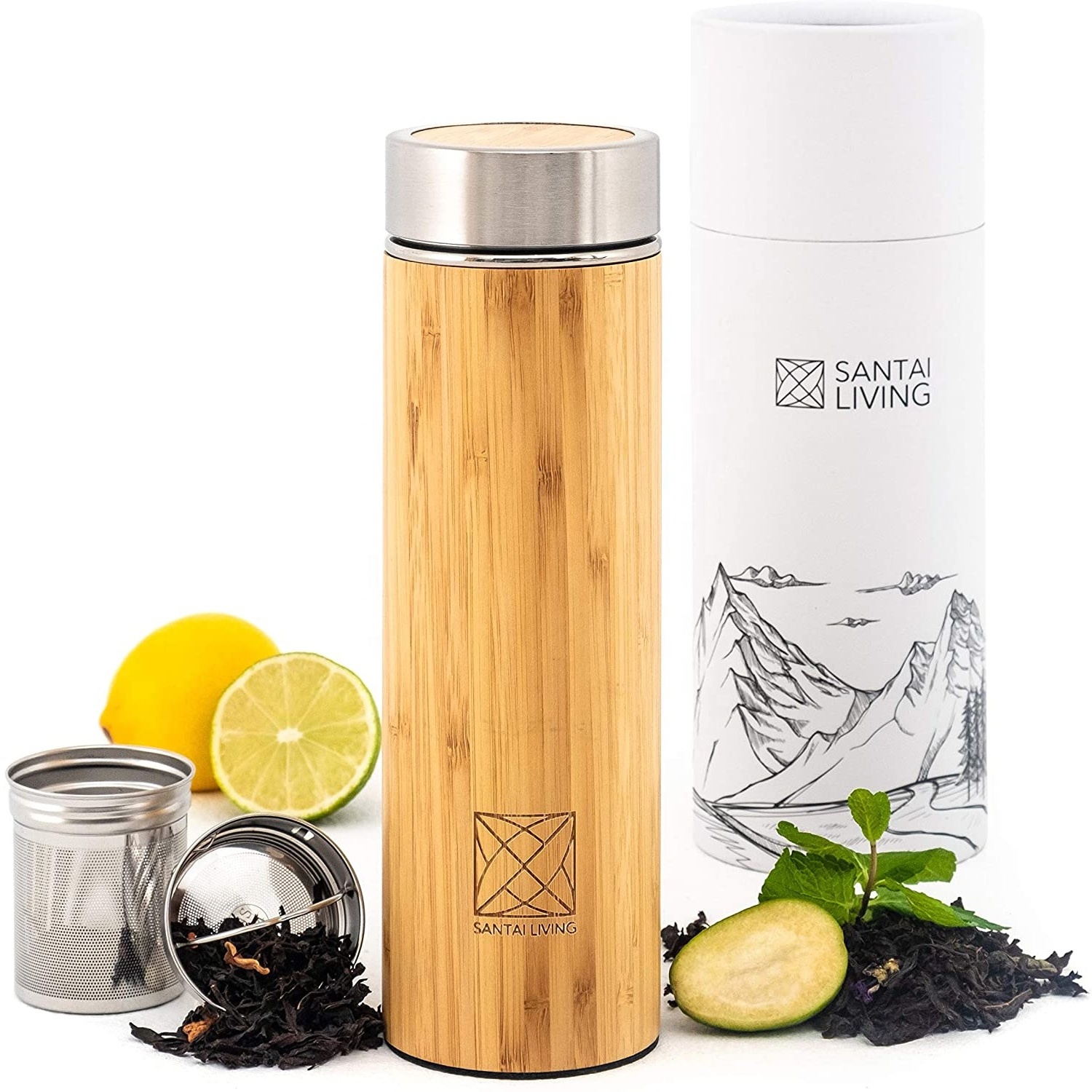 17oz 500ml Vacuum insulated stainless steel travel bamboo tea tumbler with infuser