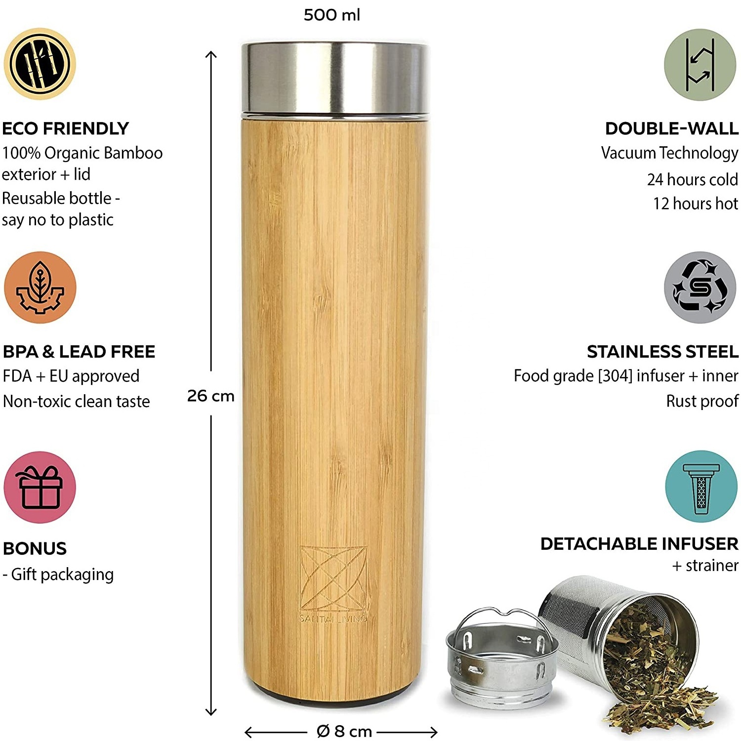 17oz 500ml Vacuum insulated stainless steel travel bamboo tea tumbler with infuser