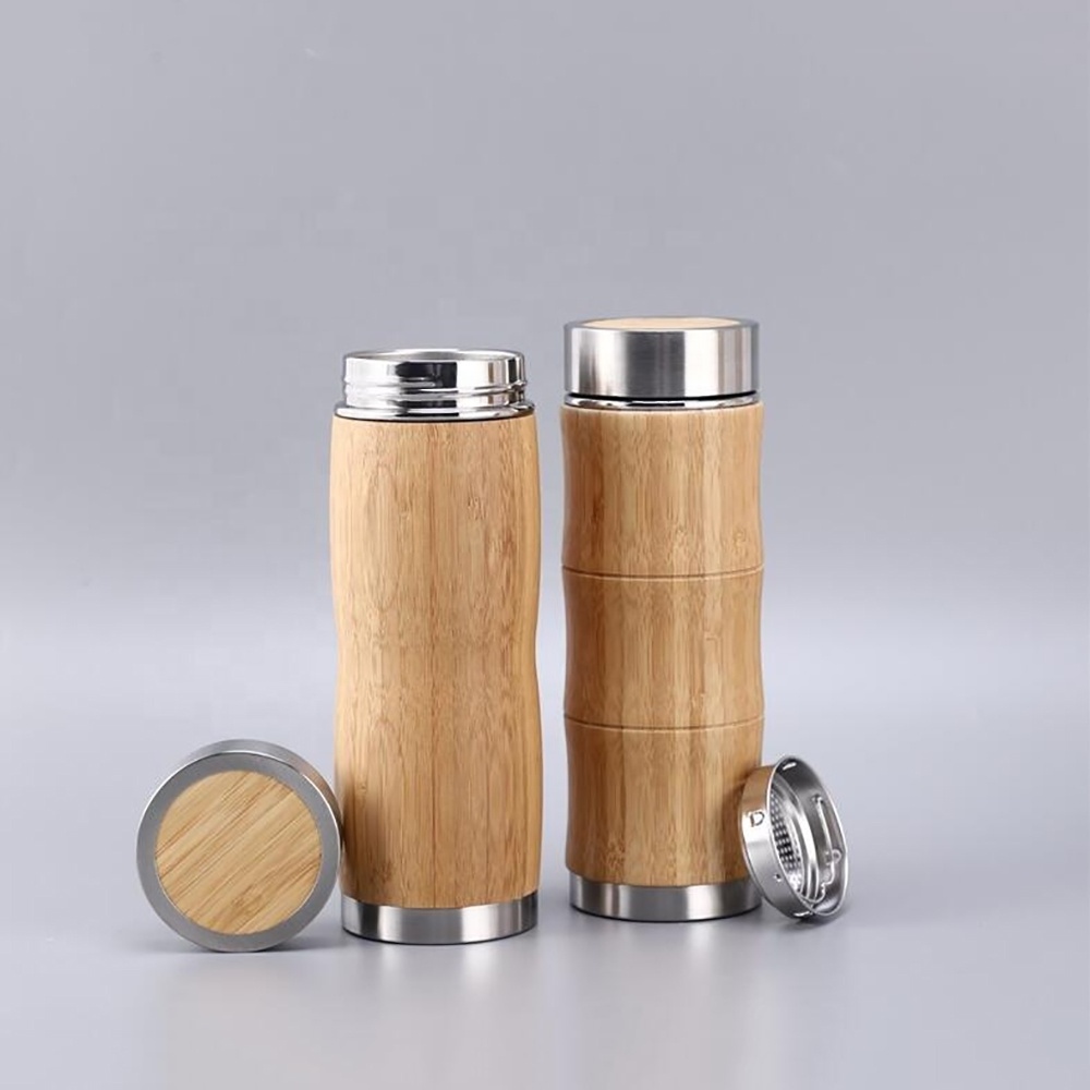 420ML Double Walled Stainless Steel 18/8 Bamboo Cover Vacuum Insulated Travel Thermos Water Bottle with Tea Infuser