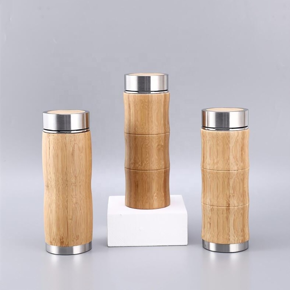 420ML Double Walled Stainless Steel 18/8 Bamboo Cover Vacuum Insulated Travel Thermos Water Bottle with Tea Infuser