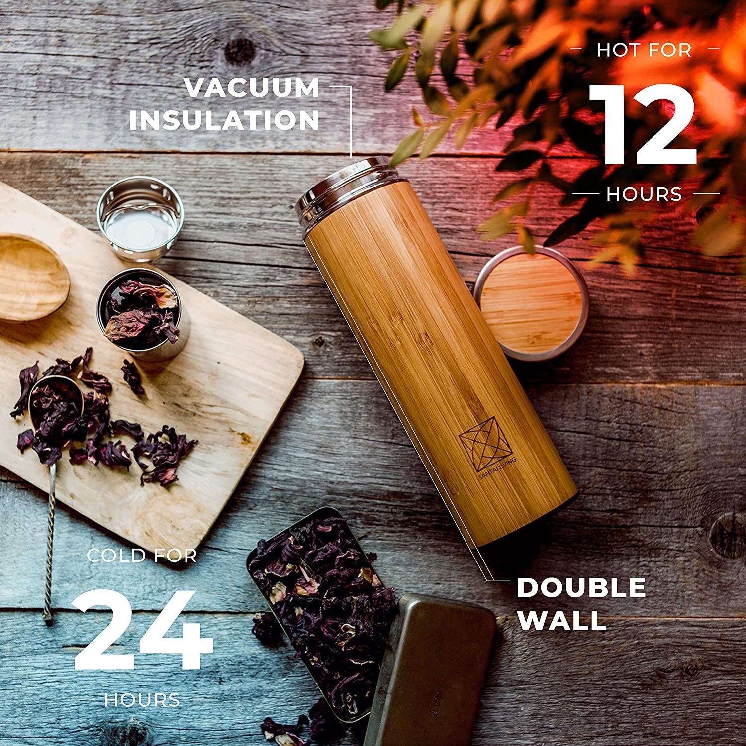 17oz 500ml Vacuum insulated stainless steel travel bamboo tea tumbler with infuser