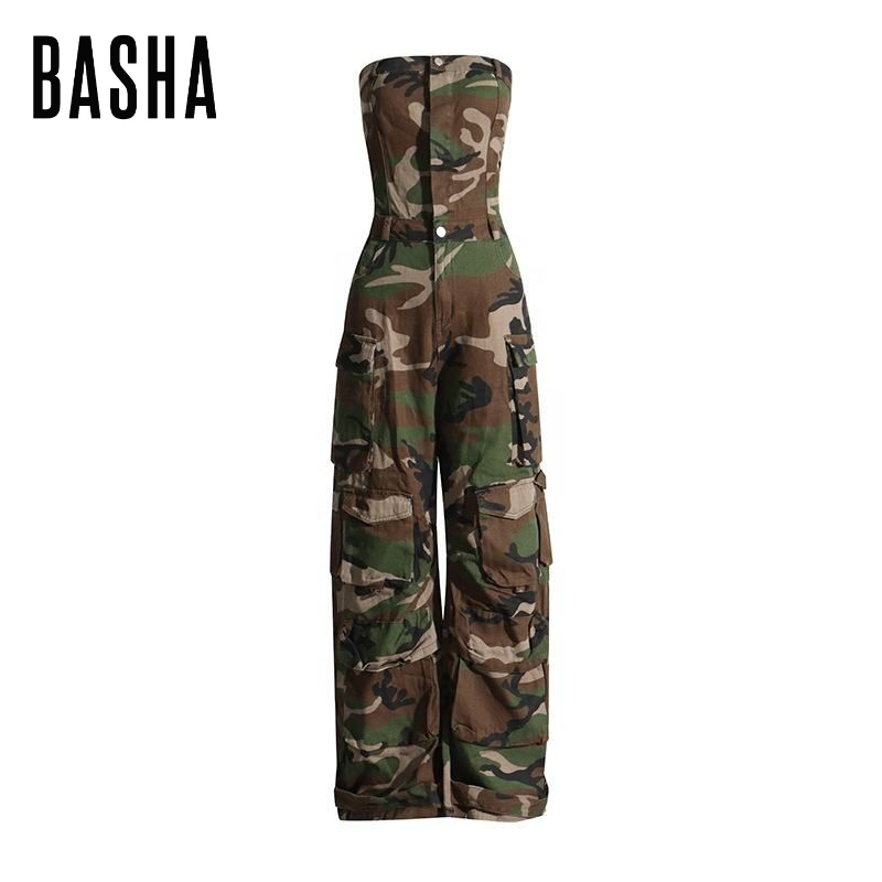 Oudina 2023 New Trendy Pattern Camo Jeans Women Camouflage Jumpsuits Pants Denim Cargo Jumpsuit